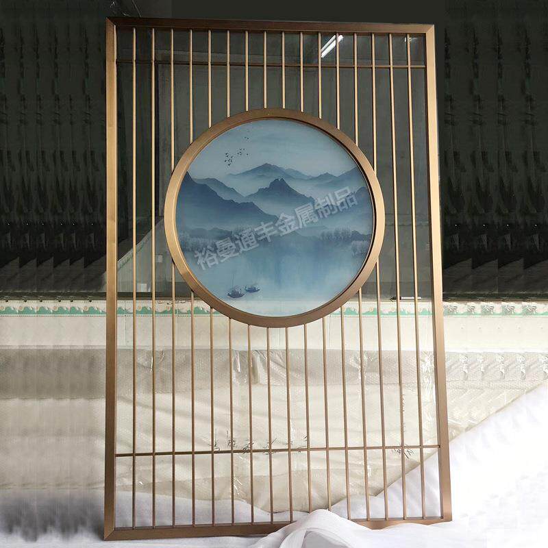 厂家玄关新中式花格禅意装饰画圆形钛金金属玻璃屏风山水画隔断
