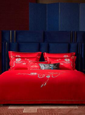 婚庆喜事丨S100贡缎长绒棉刺绣四件套大红色结婚幸福婚嫁床品套件