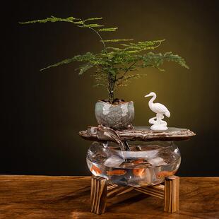 客厅办公室桌面小型迷你玻璃透明鱼缸水族箱创意家居循环流水摆件