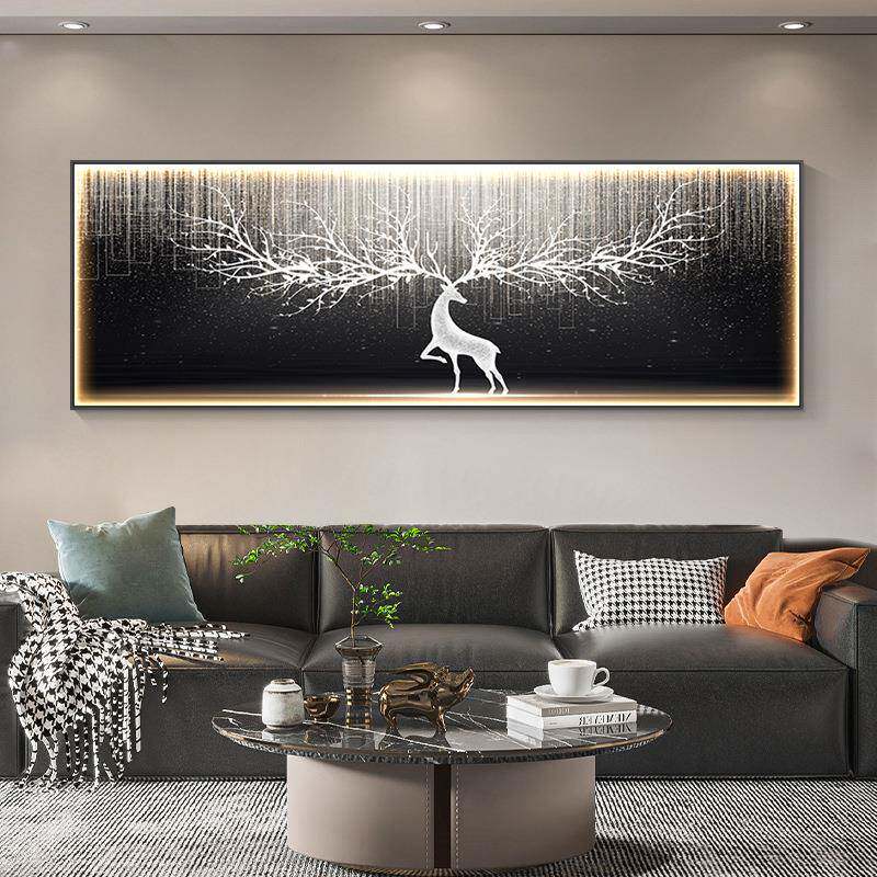 现代轻奢客厅装饰画一整幅横版led灯画发光沙发背景墙挂画鹿壁画