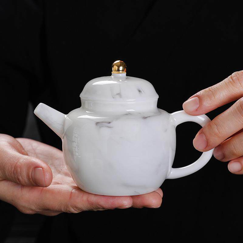 羊脂玉瓷茶壶陶瓷功夫茶具手执壶单壶仿古带球形过滤泡茶器白瓷