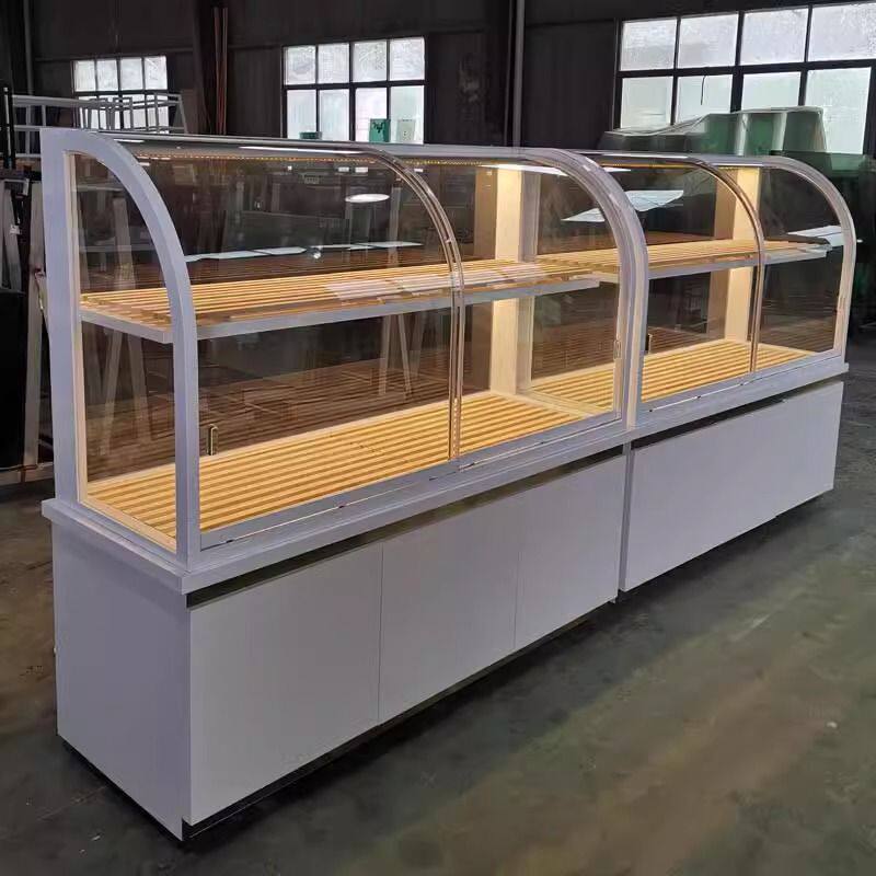 弧形边柜面包柜新款镀钛不锈钢圆弧形中岛蛋糕模型柜玻璃展柜