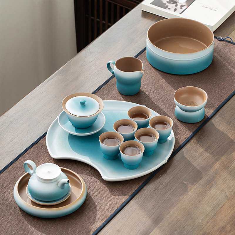 简约韩式功夫茶具整套渐变蓝陶瓷茶具泡茶壶盖碗组合现代礼盒装