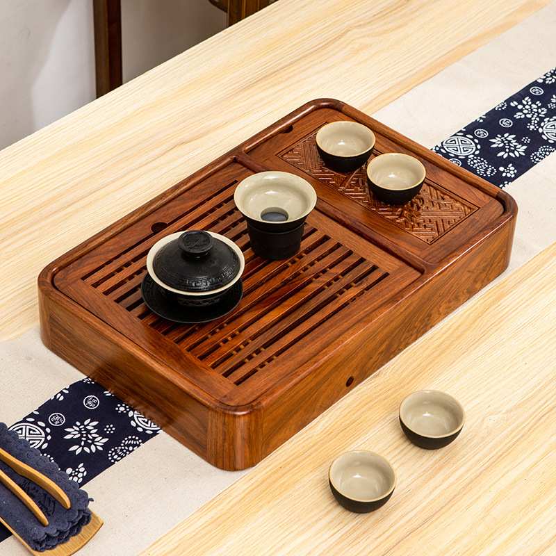 实木小茶盘鸡翅木花梨木便携式家用小茶台茶海储水式功夫茶具简约