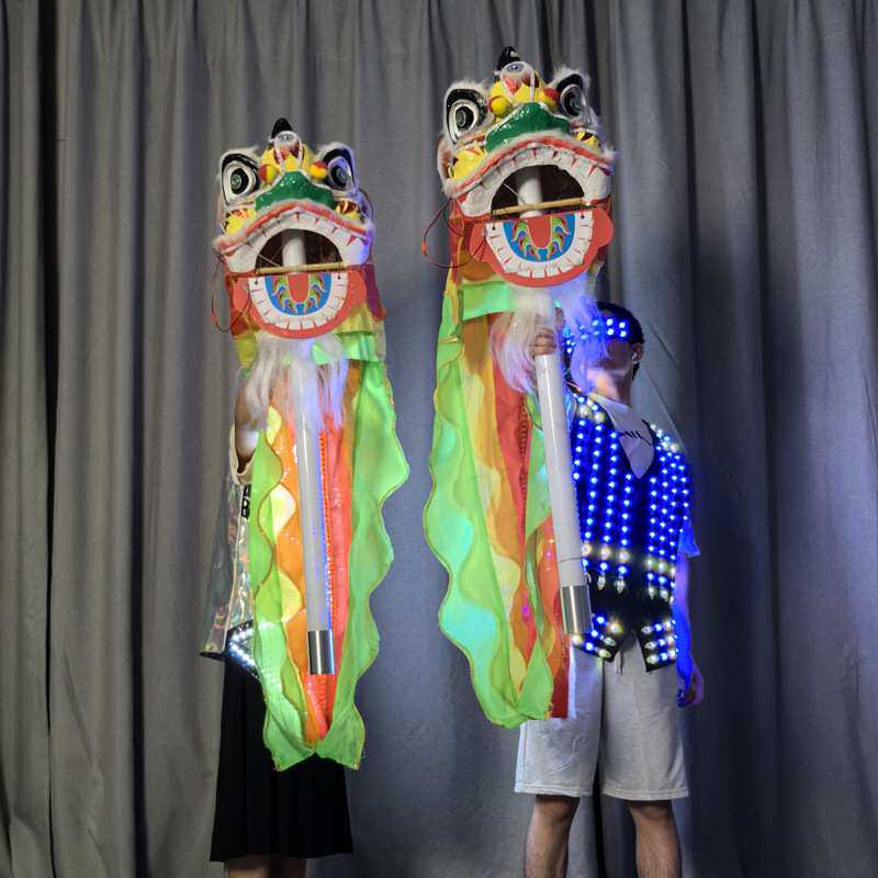 酒吧KTVLED发光舞狮儿童醒狮舞龙头舞狮头夜间表演服节日庆祝道具
