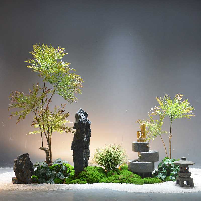 仿真南天竹绿植造景室内假山流水景观植物造景橱窗楼梯下装饰植物