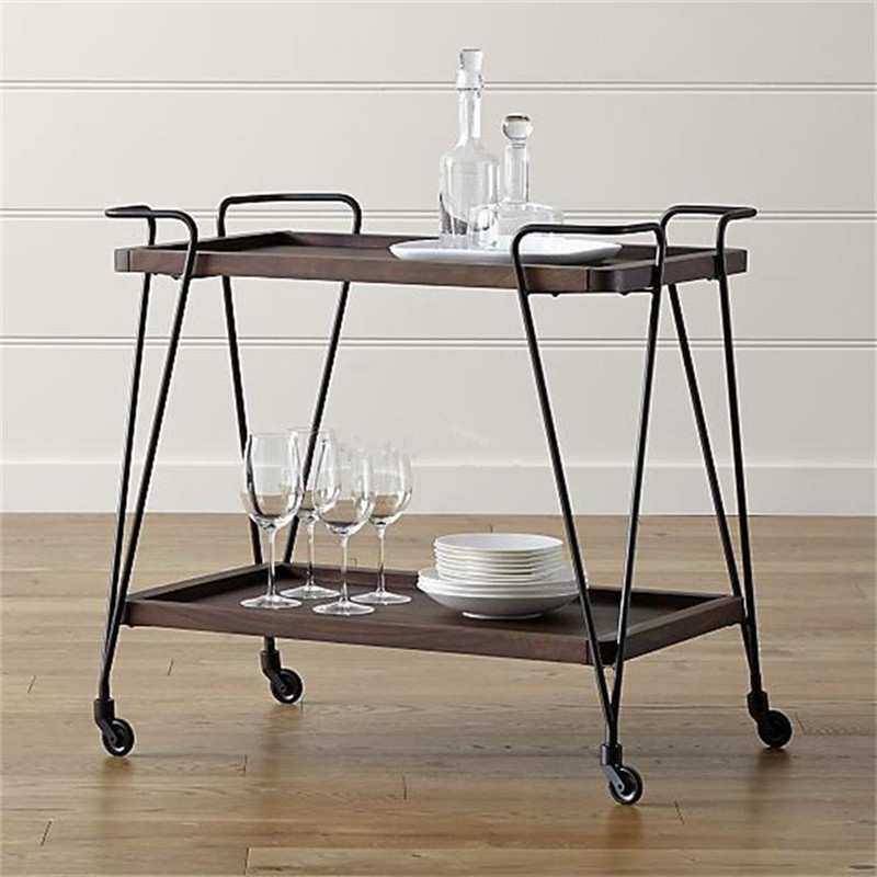 复古实木铁艺餐车双层家用厨房小推车餐盘车移动餐厅酒架茶水车柜