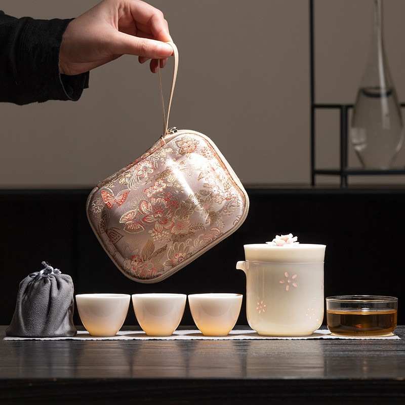 玉瓷玲珑旅行茶具套装一人饮女士捏花快客杯一壶三杯便携喝茶装备