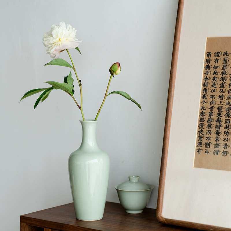 仿古宋青釉美人花瓶陶瓷禅意花插桌面摆件水培花器简约文人茶器