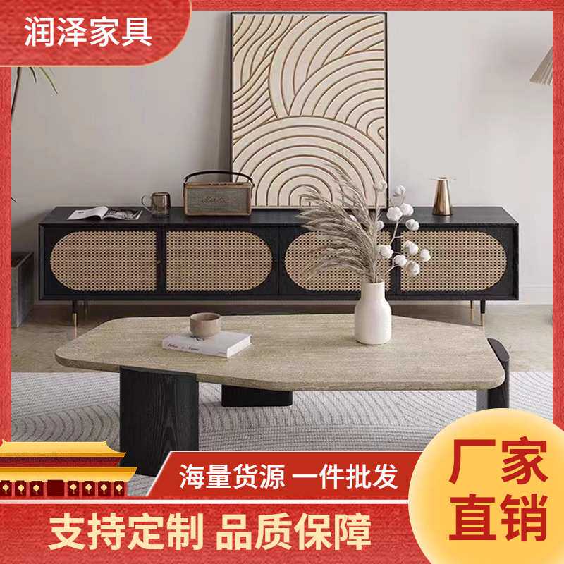 侘寂风实木茶几洞石小户型客厅民宿复古异形大理石边几角几咖啡桌