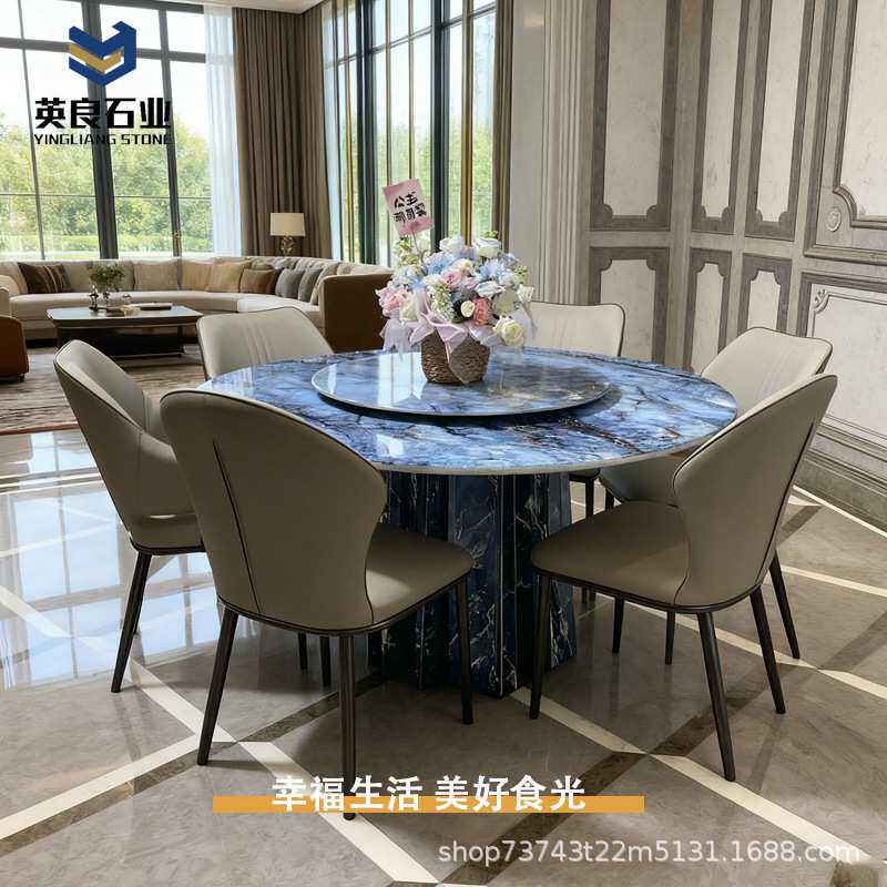 天然大理石餐桌带转盘UV打印台面轻奢现代圆形饭桌防渗透易清洁