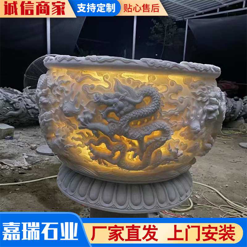 石雕鱼缸花盆别墅庭院浮雕荷花鱼缸 庭院鱼池仿古青石仿古鱼缸