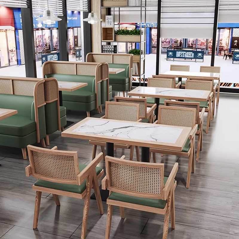实木高档茶餐厅火锅店烤肉店卡座沙发座椅饭店西餐厅藤编桌椅组合