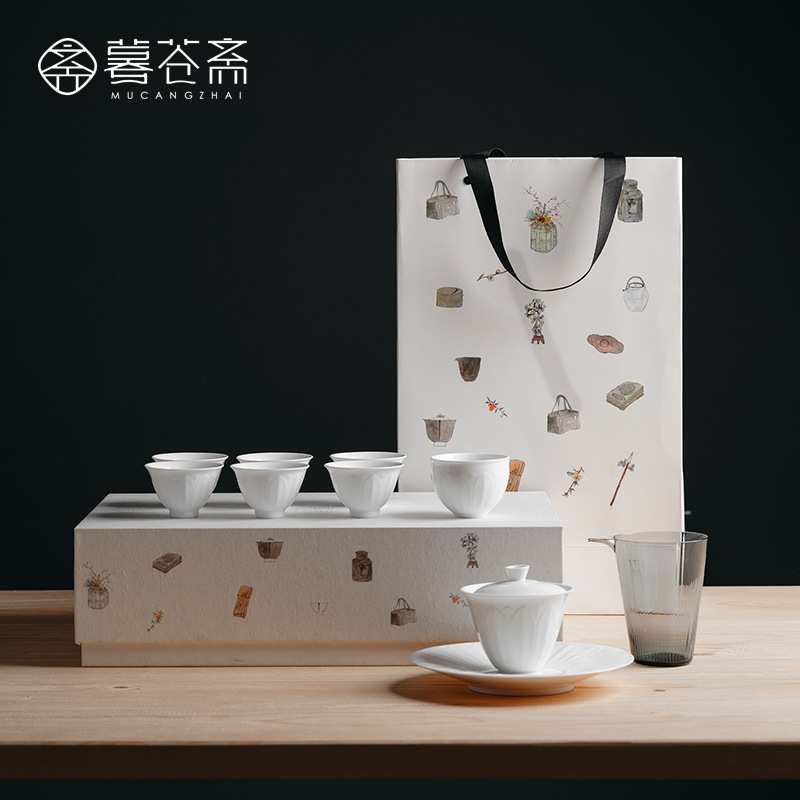 德化猪油白羊脂玉瓷手工雕刻菊瓣纹盖碗茶杯整套功夫茶具礼盒套组