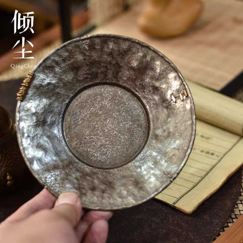 纯锡圆形小壶承全手工锻打补丁破旧风干泡盘足锡茶点盘做旧侘寂风