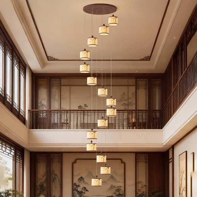 新中式楼梯灯餐吊复式别墅loft灯公寓客厅跃层轻奢中空旋转长吊灯