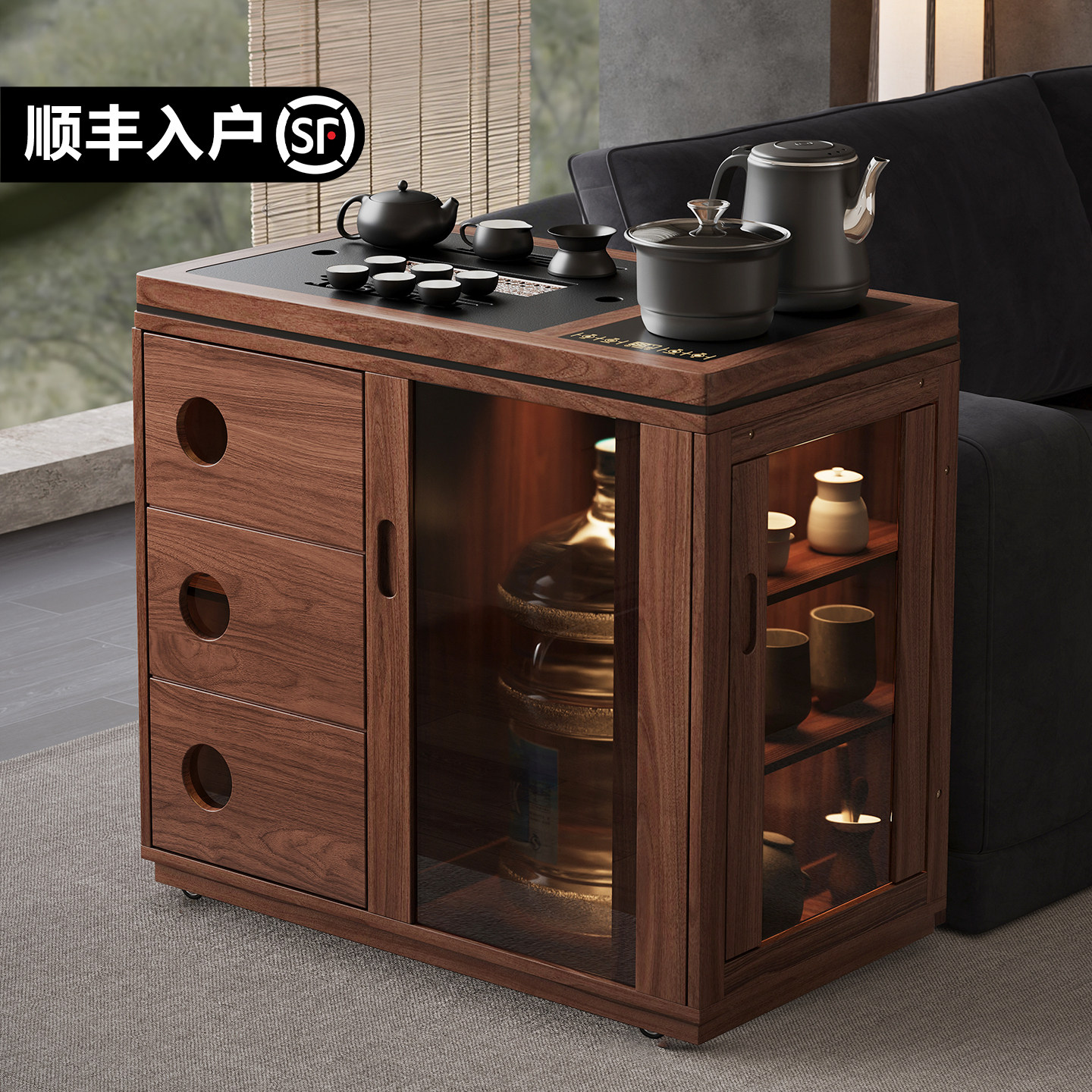 实木茶水柜家用茶台可移动茶车茶具一整套茶室小型带轮茶桌阳台