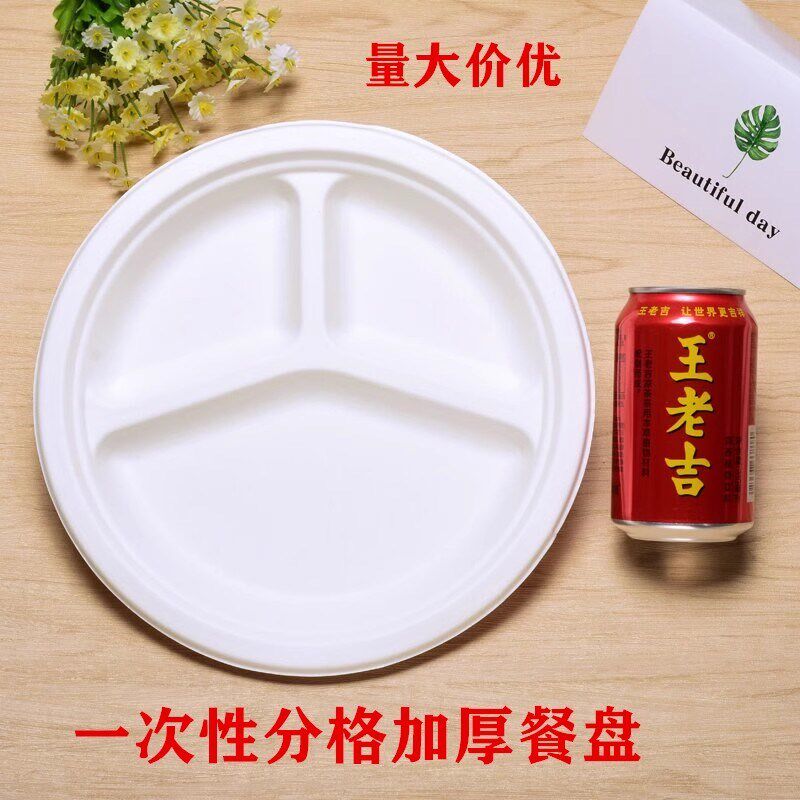 一次性纸盘子三格圆盘加厚甘蔗浆9寸10寸分格纸碟环保快餐盘菜盘