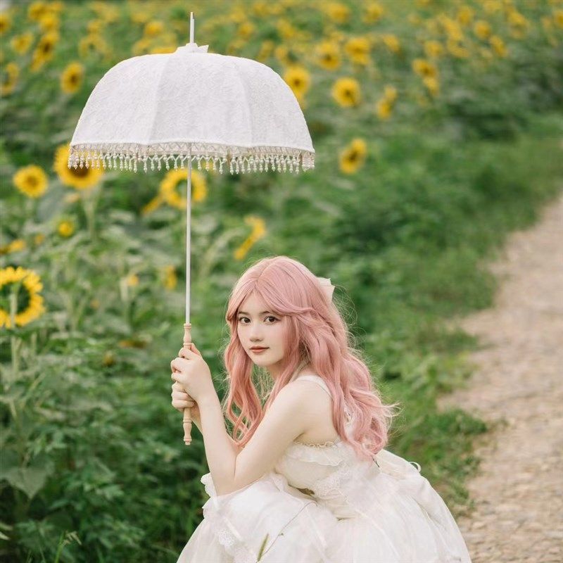 白董光自制v式ntage古月珍珠蕾丝流苏法i小洋伞婚纱摄影道具