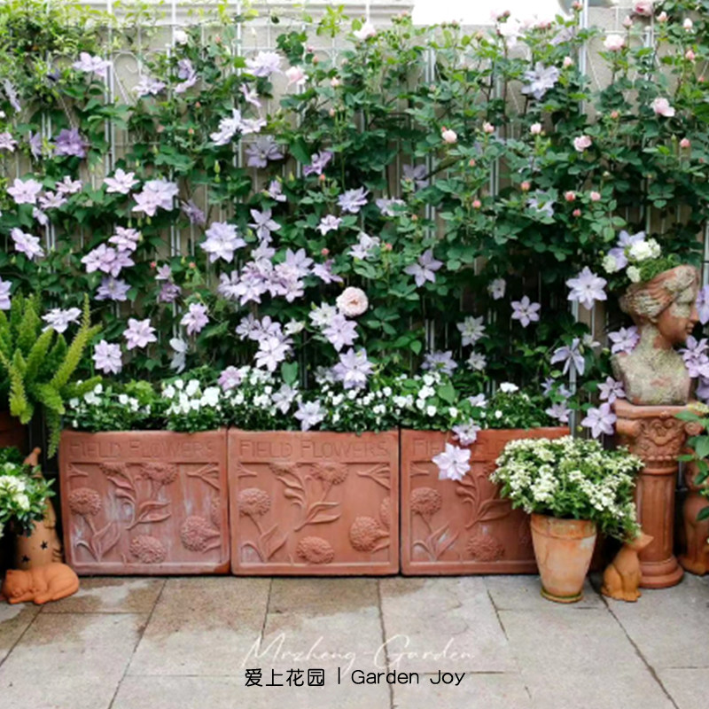爱花盆园红陶粗制陶盆陶缸上花盆器大号透气室外康乃馨浮雕方盆