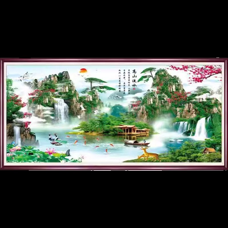 5d钻绣画2024新款满钻流水生财山水风景画2厅点画贴砖十字石20客3