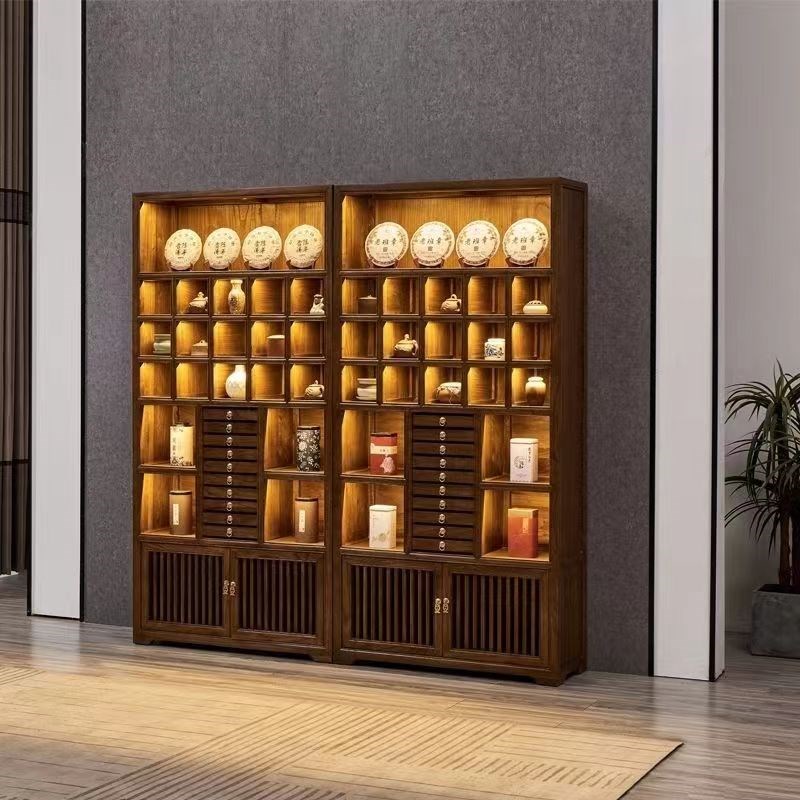 新中收格饼储藏柜老榆木茶杯式纳柜实木多宝茶茶叶展示茶室博古架