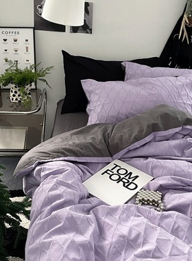 Pule紫色泡泡纱水洗棉床上四件套纯棉床单床笠款4件套简约纯色
