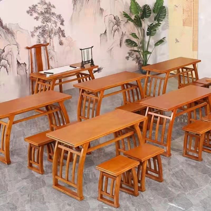 实木国学桌仿古书法桌凳学校中式培训双人家用马鞍桌榆木书画琴桌