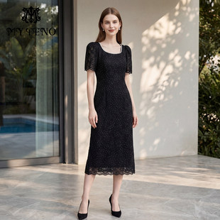 马天奴2026春夏新款黑色蕾丝方领短袖修身连衣裙子长裙气质时尚女