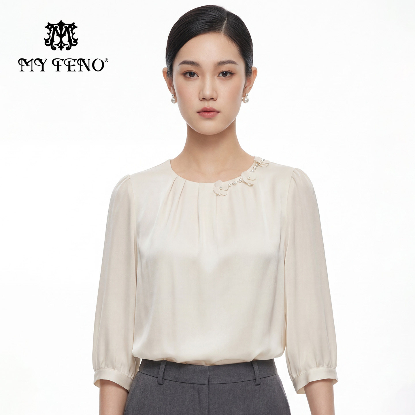 马天奴专柜同款2026春季新款压褶圆领雪纺衫法式七分袖钉珠小衫,女装/女士精品,蕾丝衫/雪纺衫,淘宝优惠券,粉丝福利购,淘宝优惠卷