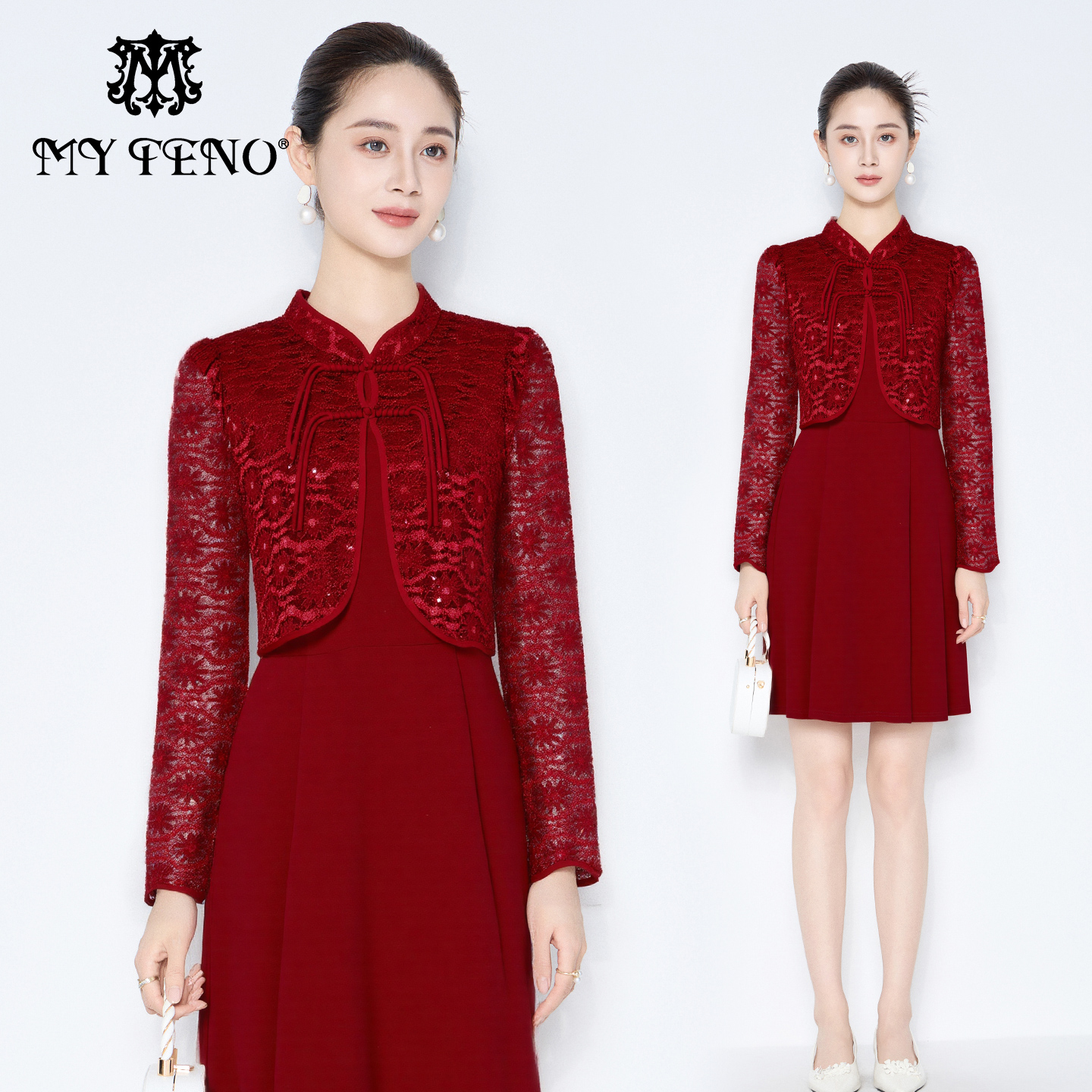 马天奴红色蕾丝开衫连衣裙套装