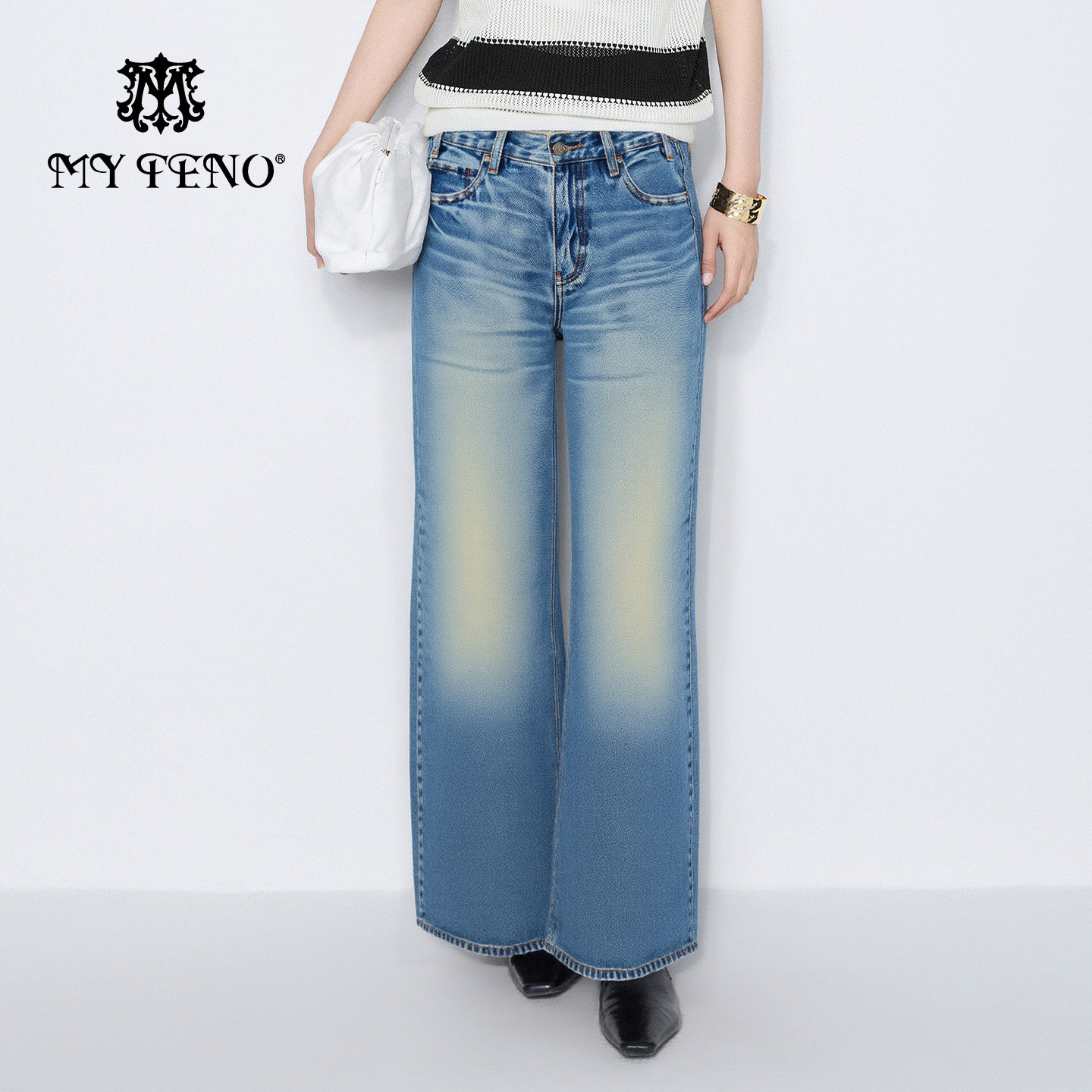 马天奴浅蓝纯棉高腰直筒牛仔裤