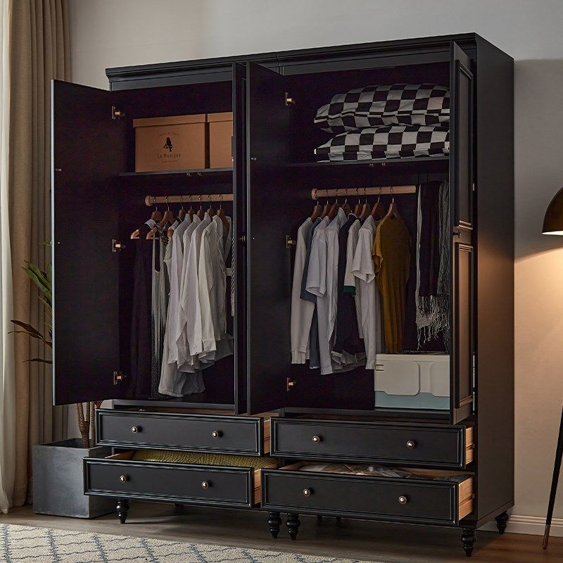 美式全实木衣柜小户型黑色简约家用网红卧室储物收纳柜子