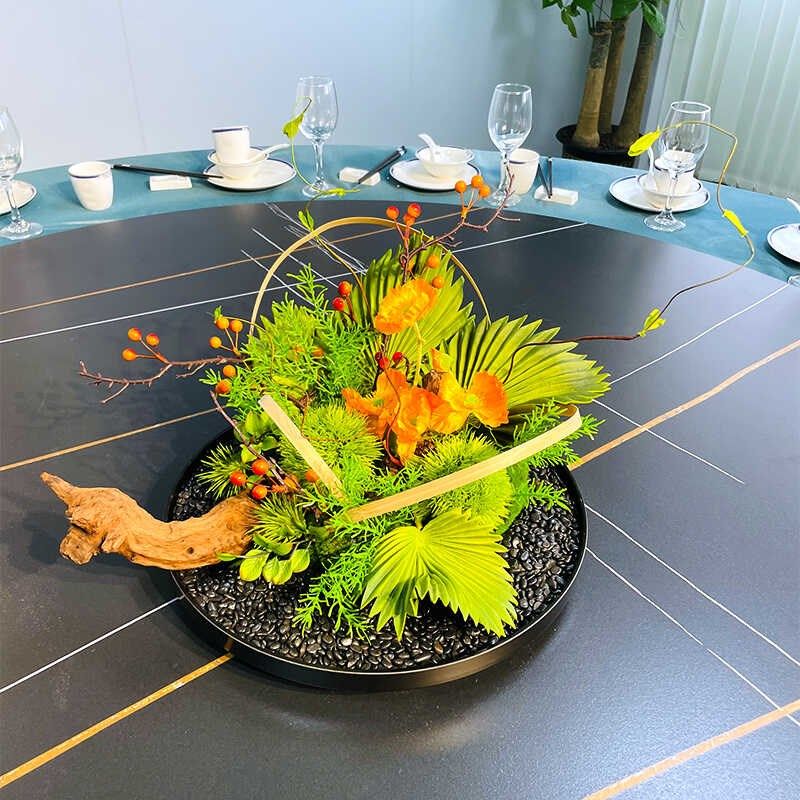 酒店餐桌花摆盘装饰厅草餐花桌面创意摆件包间仿圆桌转盘大真假花