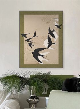 法式客拉德美厅背景装饰画中古风代视玄关柜挂画现电复古燕子壁画