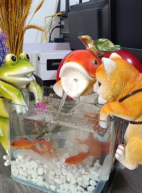 创箱可水猫咪青蛙吐水流水鱼缸水循环造景爱族意缸边悬挂装饰摆件