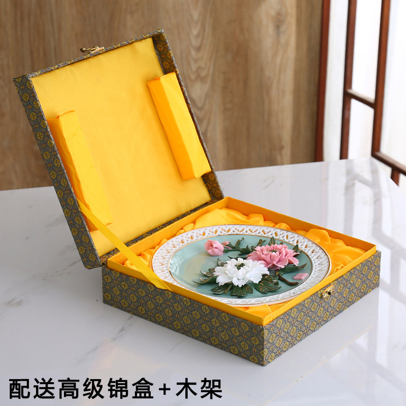 工式国风陶瓷装丹挂盘摆件创意艺术大号摆盘客厅家居中艺牡饰礼品