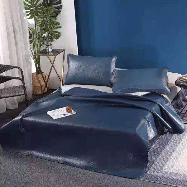 真水牛皮凉席纯色蓝色米白凉席三件套夏季真皮凉席头层牛皮软席床