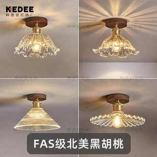 LED吸顶灯古风中式入户玄关灯民宿玻璃胡桃木实木过道走廊阳台灯