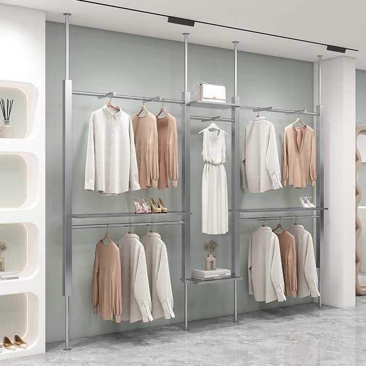 服装店不锈钢上墙双层挂衣架壁挂立柱男装陈列货架女装店展示架子