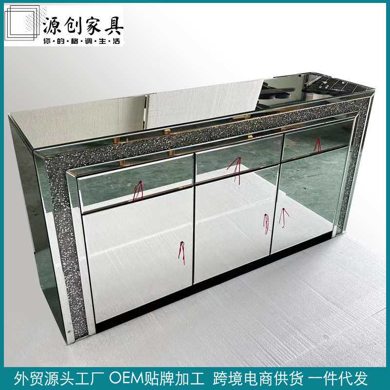 镜面餐边柜玻璃橱柜储物柜轻奢斜边柜客厅家具多门抽屉柜外贸直销