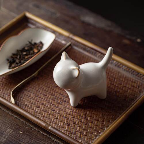 中式复古汝窑萌猫可爱茶宠可养摆设陶瓷摆件纸镇开片猫咪笔架笔搁