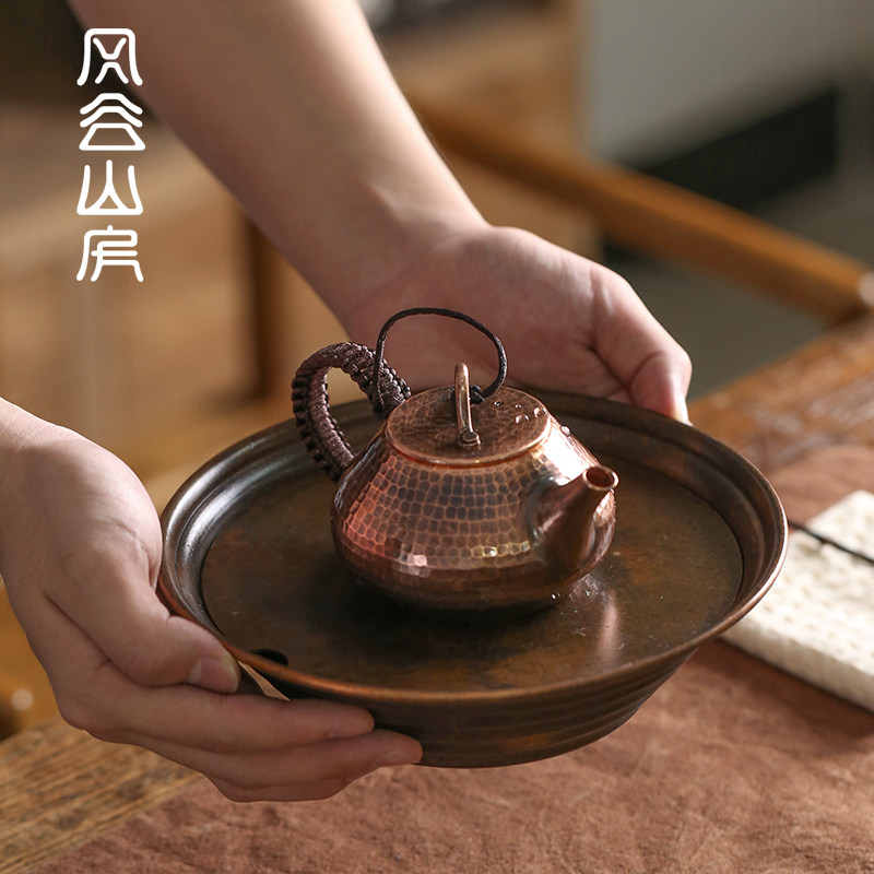 手工复古铜壶承盘砂壶铜壶托建水茶泡台茶承紫铜干紫茶台茶具配件