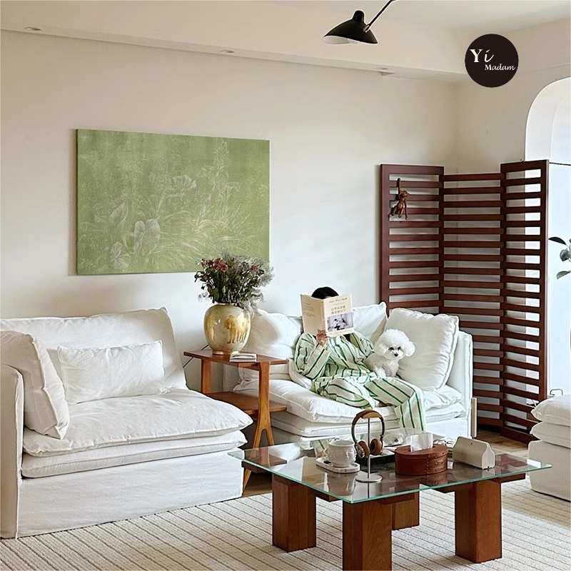 轻法式奶油风客厅高级感装饰画沙发背景墙软装中古风绿色系挂画