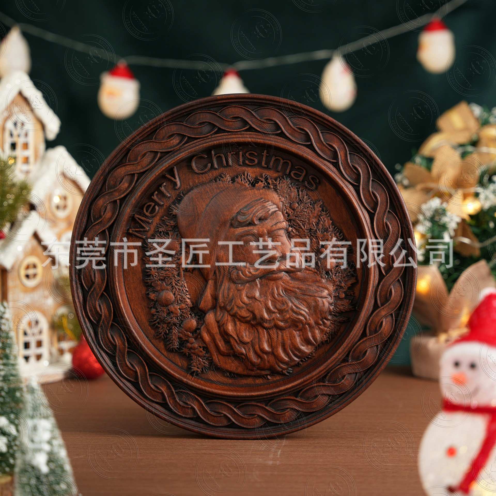 欧美圣诞老人浮雕纪念章实木雕刻圣诞节礼物纪念小礼品工艺品