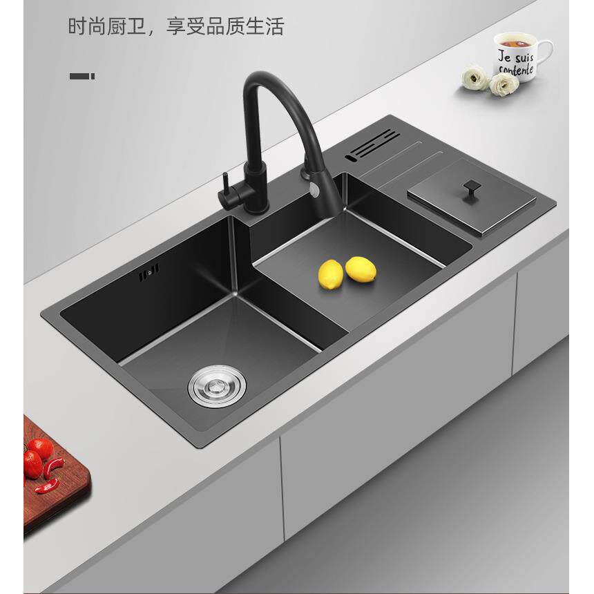 黑纳米手工水槽单槽洗碗双槽盆304不锈钢带垃圾桶大号钢盆台中盆