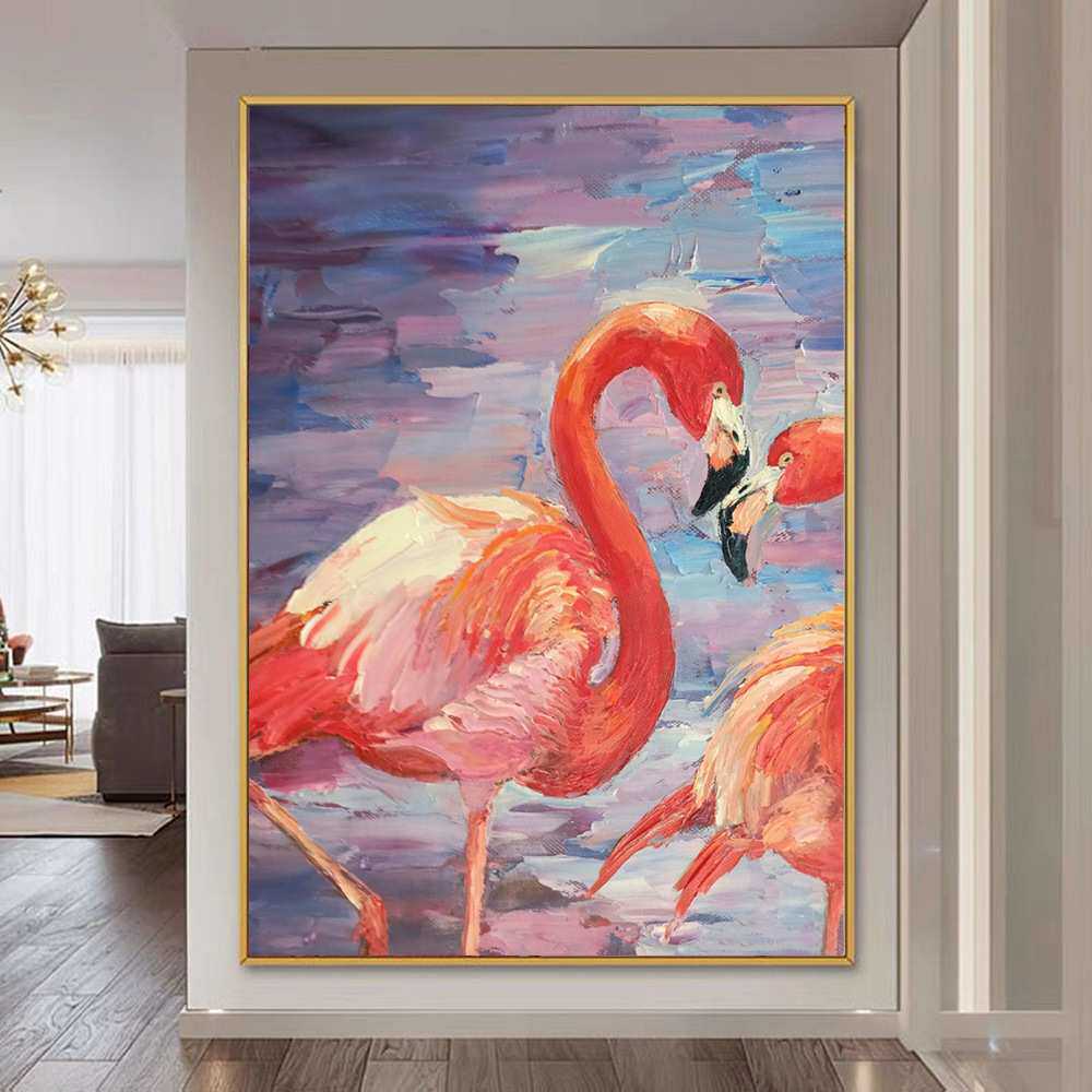 定制北欧风动物油画现代客厅装饰画餐厅装饰画简约挂画火烈鸟壁画