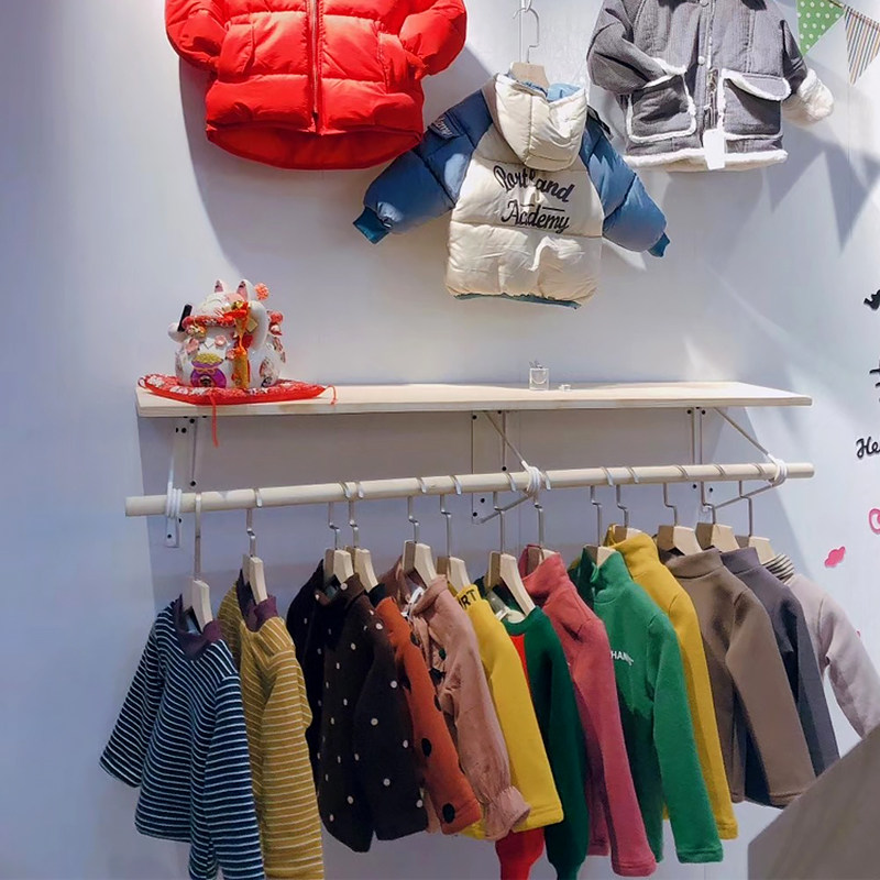 服装店展示架原木色挂衣杆童装店实木侧挂衣架墙上衣服货架壁挂架