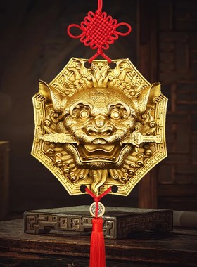 狮咬剑五帝钱挂件铜狮子头八卦镜虎头牌兽头睚眦门神摆件狮子咬剑