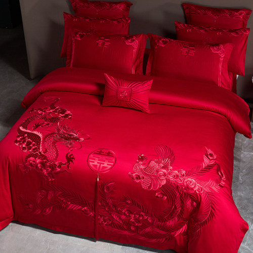 高级感龙凤中式全棉刺绣四件套纯棉婚房出嫁红色床盖喜庆结婚床品